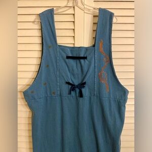 Blue Fish Vintage Teal Sleeveless Dress w Velvet Ribbons & Greek Themed Art